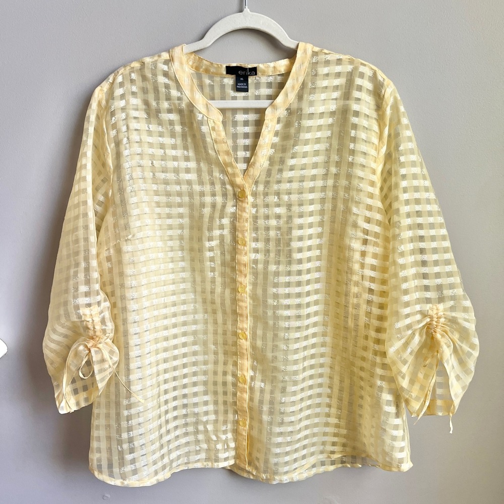 Vintage Top Women's XL Yellow Semi Sheer Cottage Coastal Beachy Picnic Summer